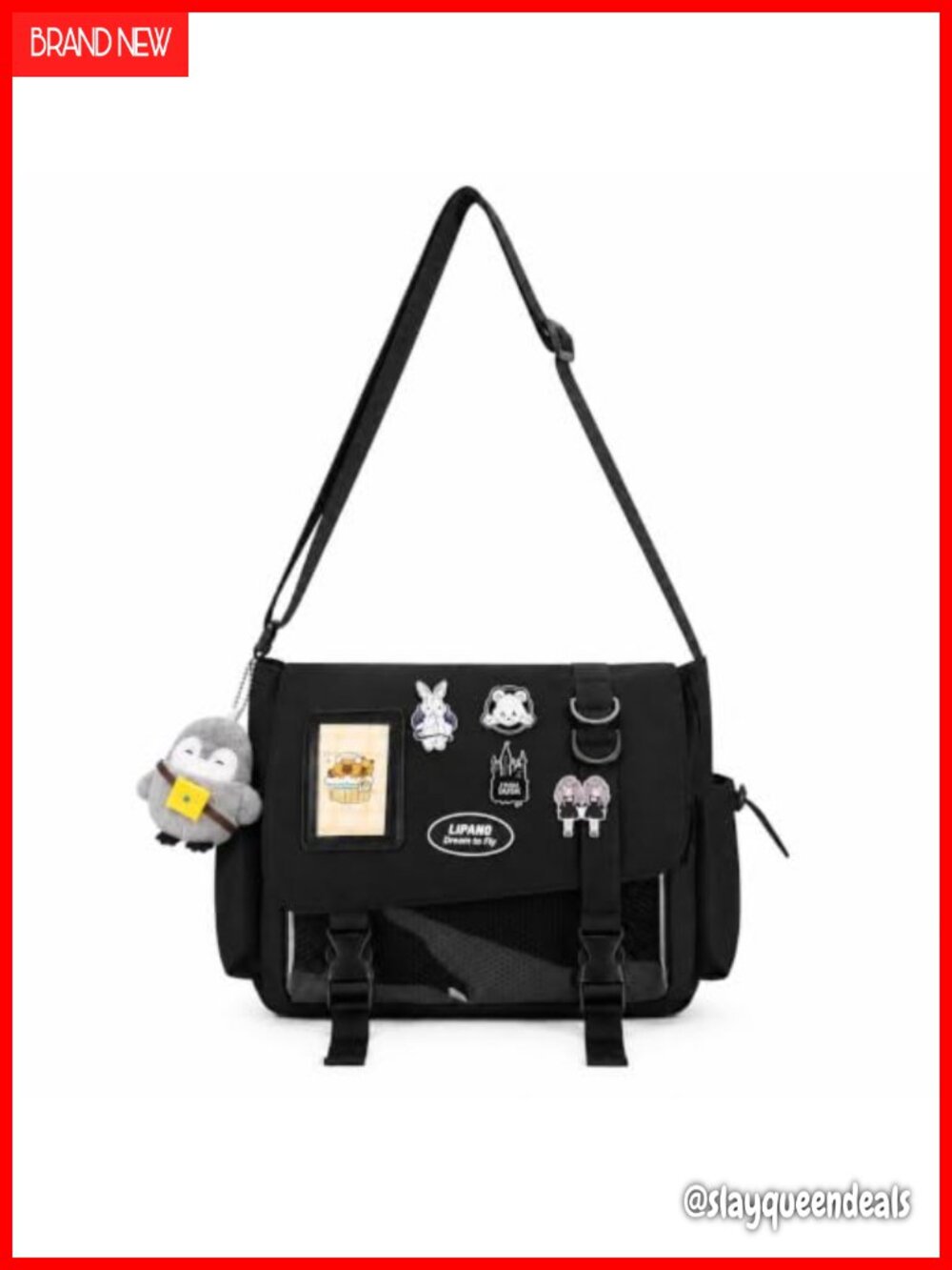 Ita Messenger Bag with Plush Penguin & 4 Pins, Nylon Crossbody